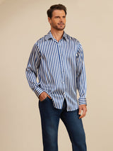 [Righe Navy] SilkSilky-IT 19Momme Manica lunga Colletto con Revers Camicia da uomo 004