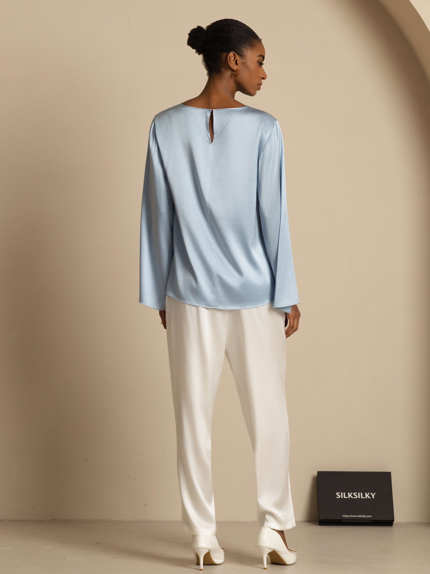 [Blu Grigiastro] SilkSilky-IT 19Momme Manica lunga Scollo barchetta Camicette 002