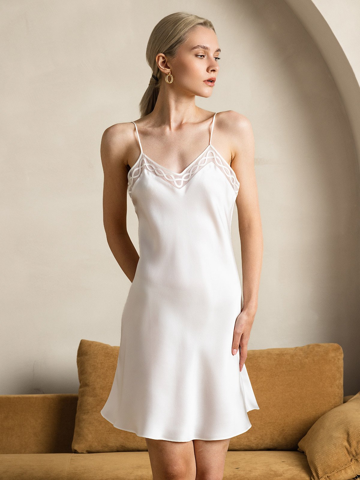 SilkSilky-IT Seta pura Collo a V Camicia da notte Bianco 005