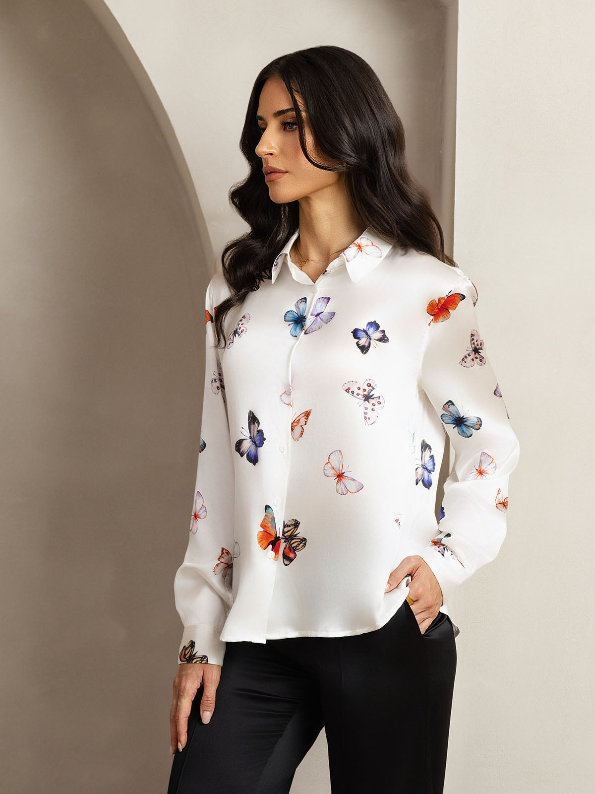 [Farfalla Bianca] SilkSilky-IT Seta Colletto risvolto Camicie da donna 005