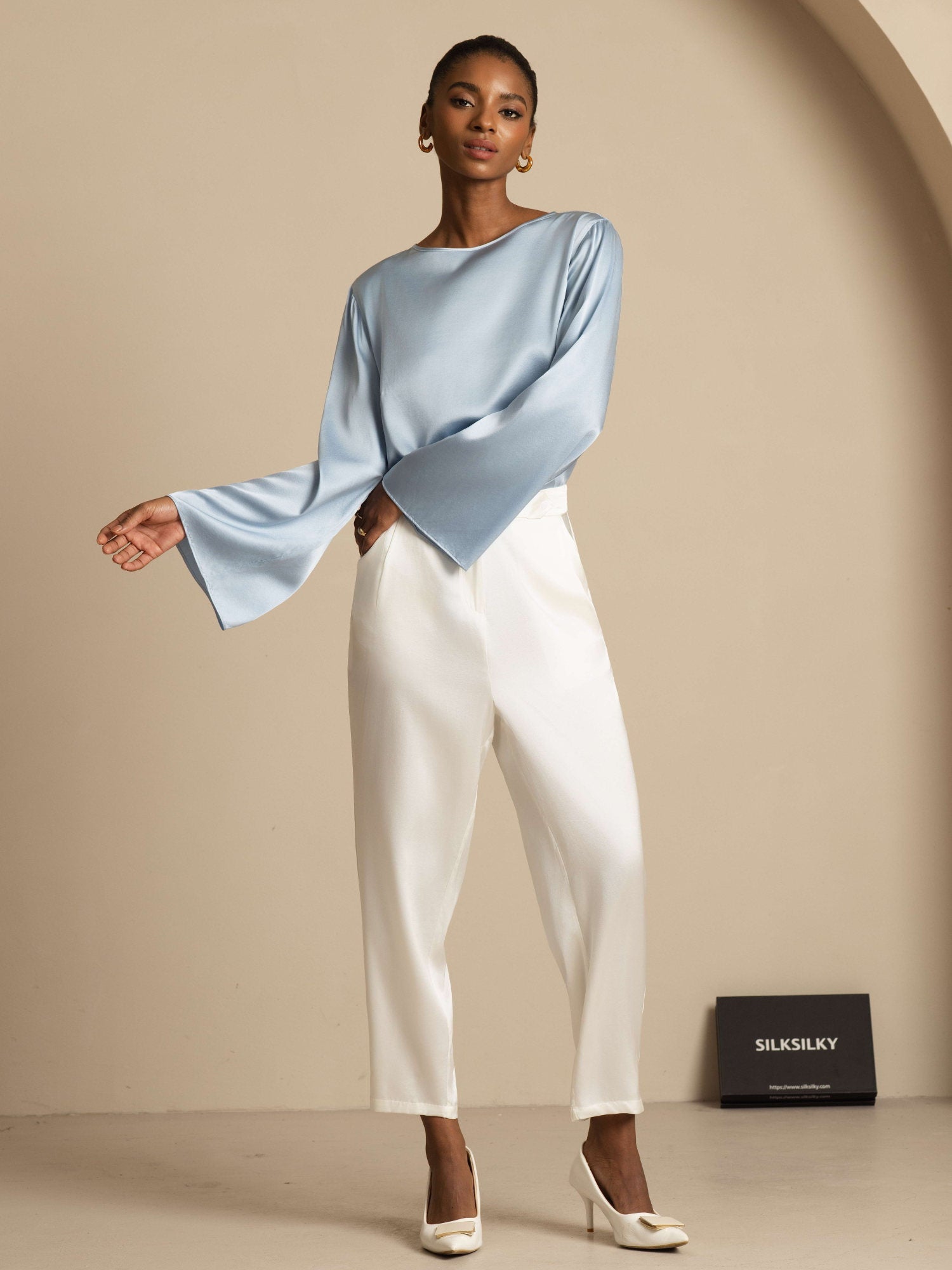 [Blu Grigiastro] SilkSilky-IT 19Momme Manica lunga Scollo barchetta Camicette 009