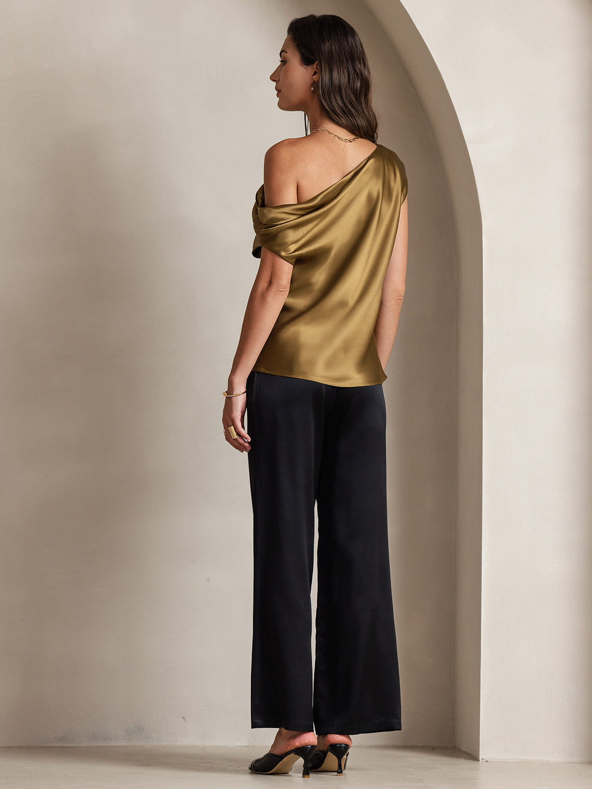 [Marrone] SilkSilky-IT 19Momme Seta Womens T-Shirt 002