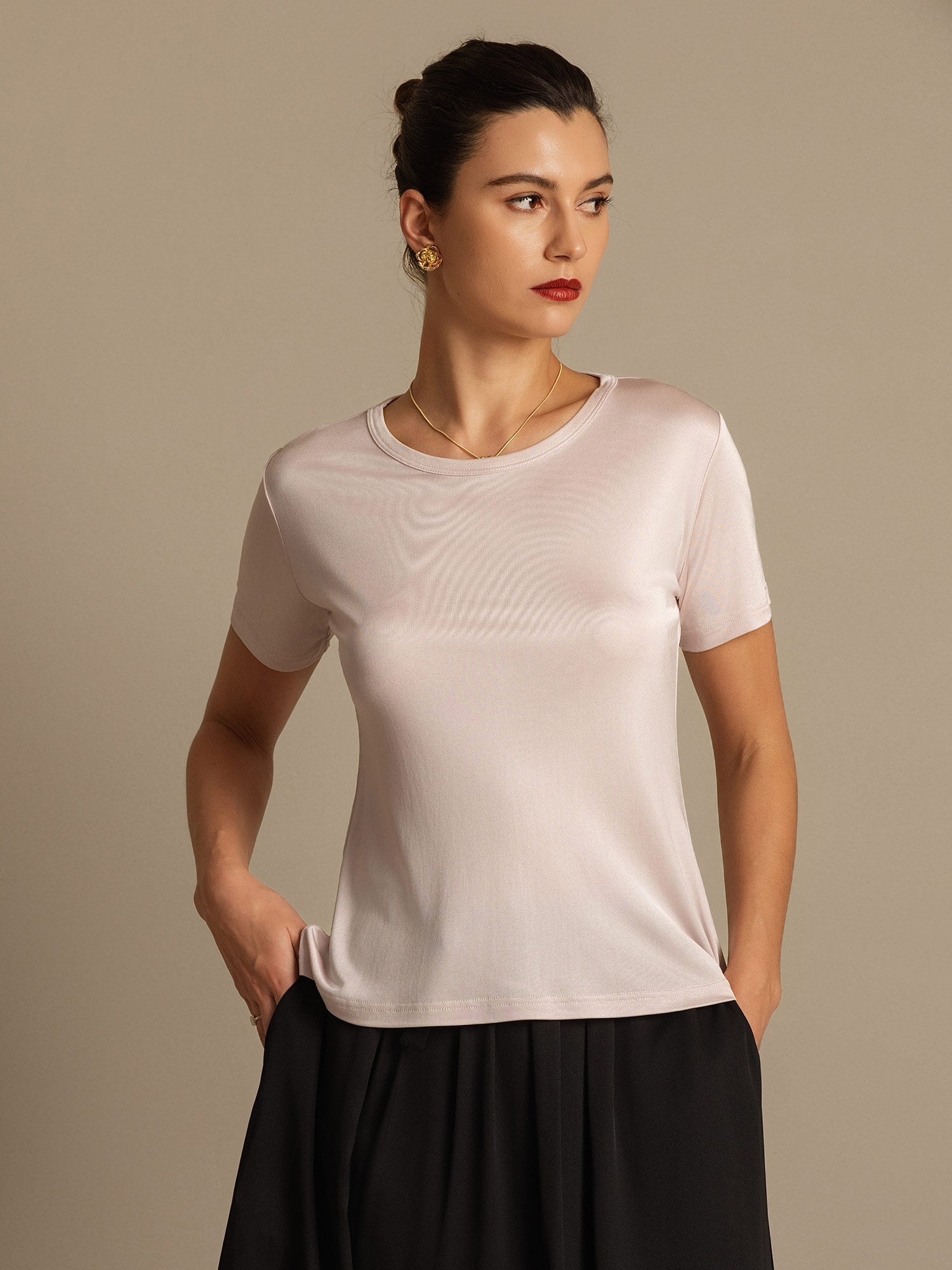 [Rosa Chiaro] SilkSilky-IT Maglia di seta Womens T-Shirt 008