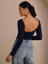 [Blu Scuro] SilkSilky-IT Long Sleeve Collo a U Magliette donna 002
