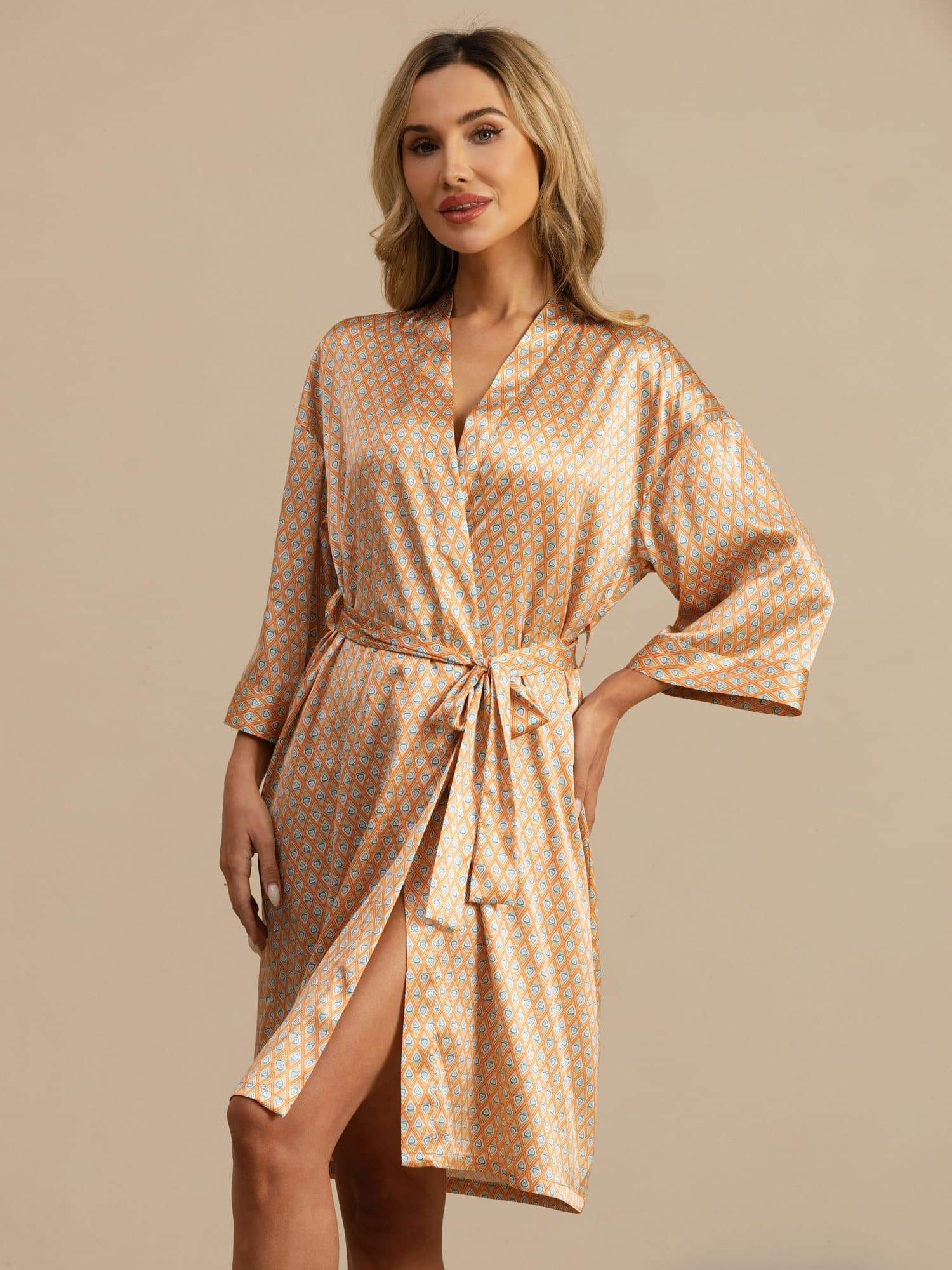 [Giallo Cuore Geo] SilkSilky-IT A tre quarti Vestaglia da donna 001