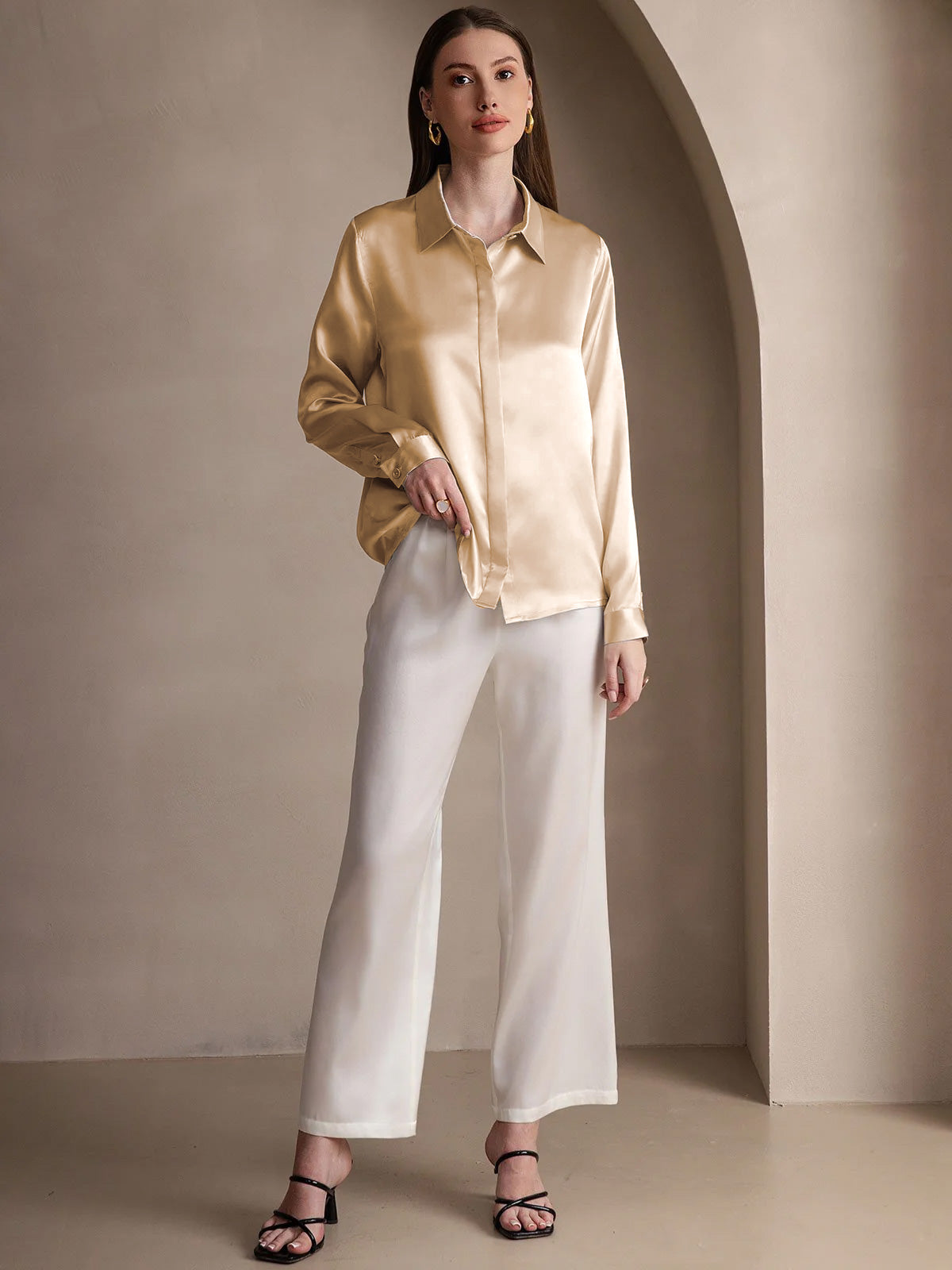[Champagne] SilkSilky-IT 19Momme Seta Lapel Collar Camicie da donna 003