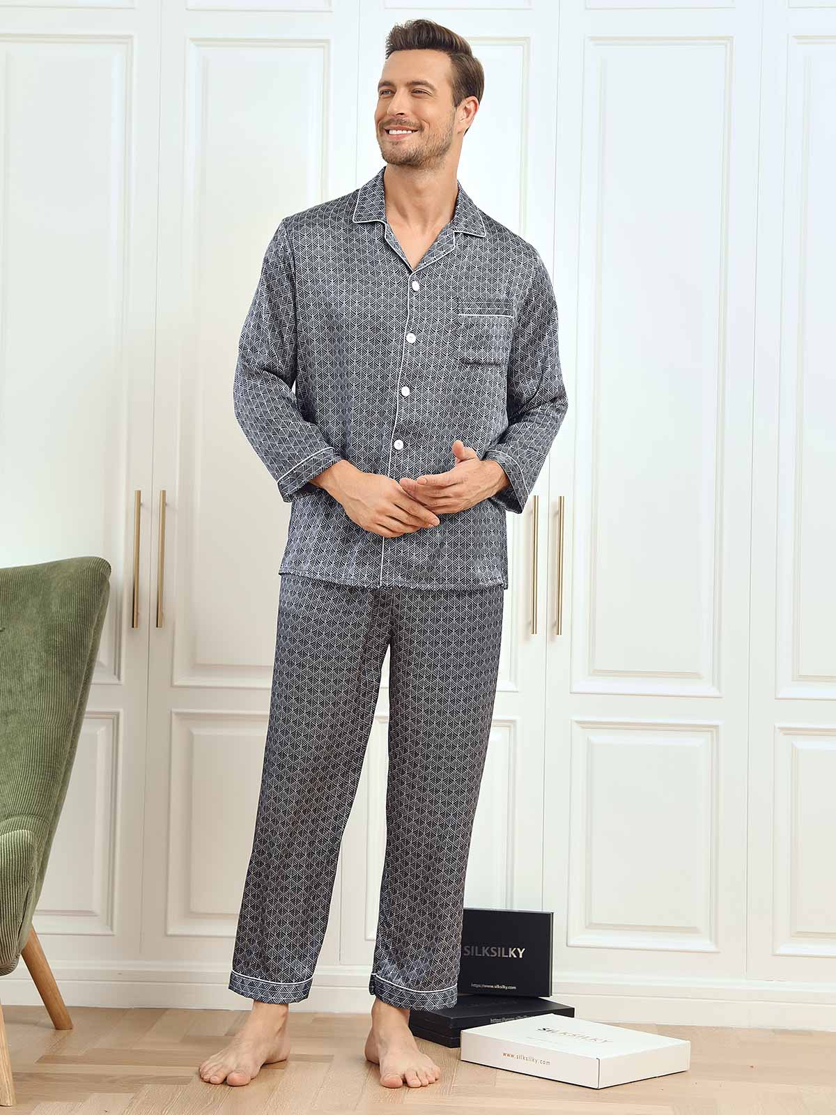 [Ginkgo Blu Navy] SilkSilky-IT 19Momme Seta pura Mens Pajamas 003