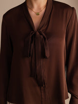 [Cioccolato Fondente] SilkSilky-IT Long Sleeve Tie Neck Bluse 004