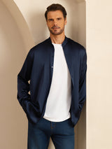 [Blu Scuro] SilkSilky-IT Long Sleeve Stand Collar Camicia da uomo 003
