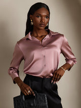 [Malva Pallido] SilkSilky-IT 3/4 Sleeve Lapel Collar Camicie da donna 003