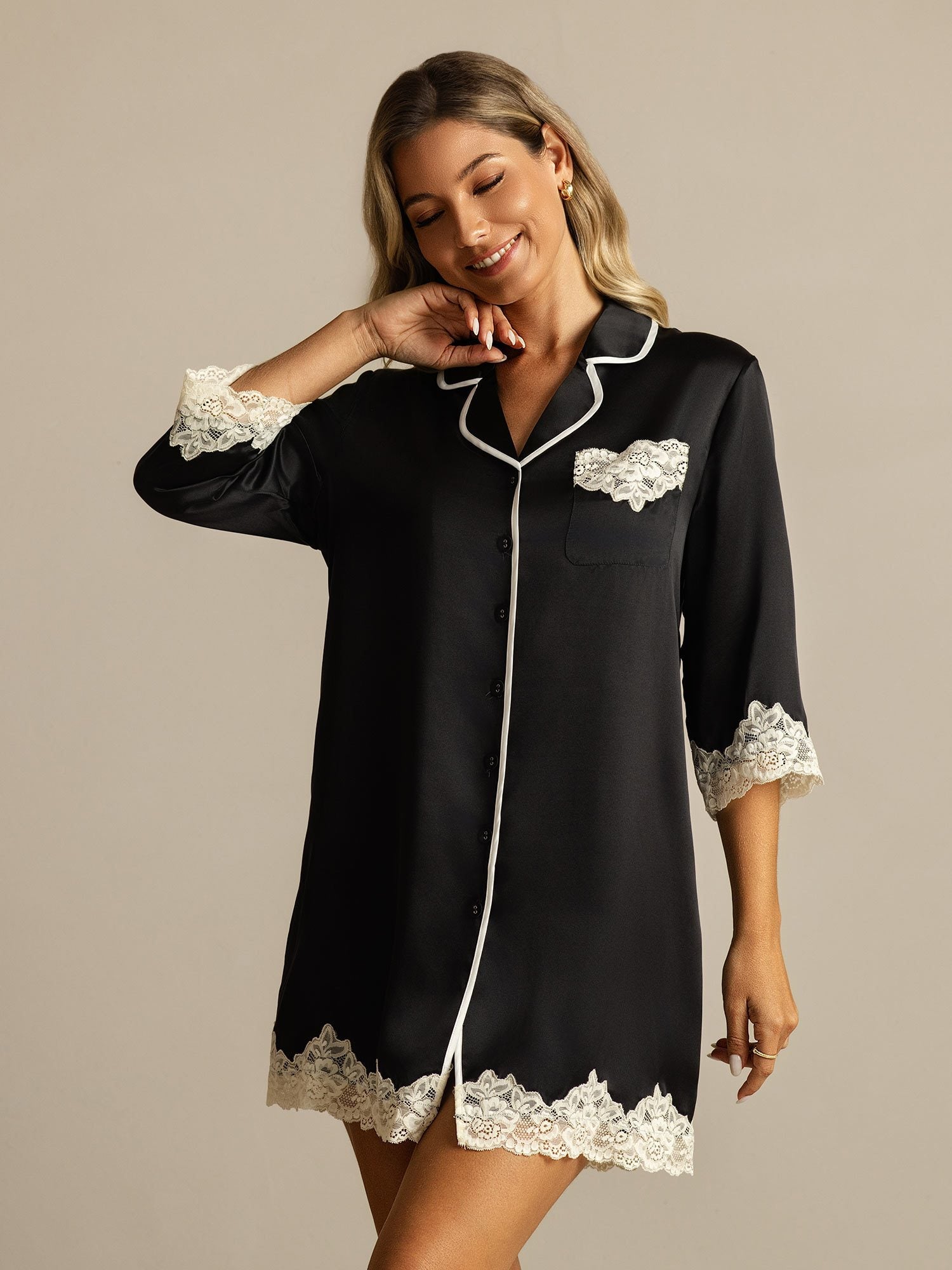 [Nero] SilkSilky-IT Seta pura Colletto risvolto Camicia da notte 001