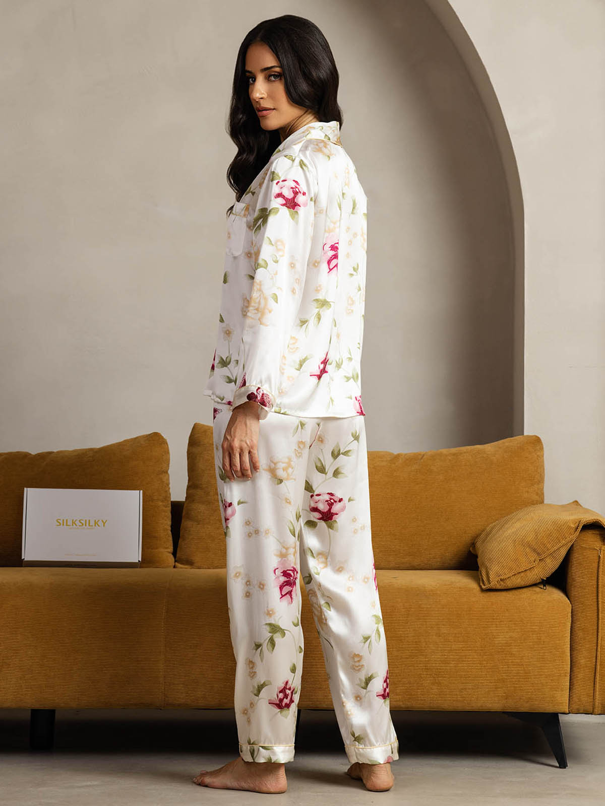 [Fiori Avorio] SilkSilky-IT Seta pura Womens Pajamas 002
