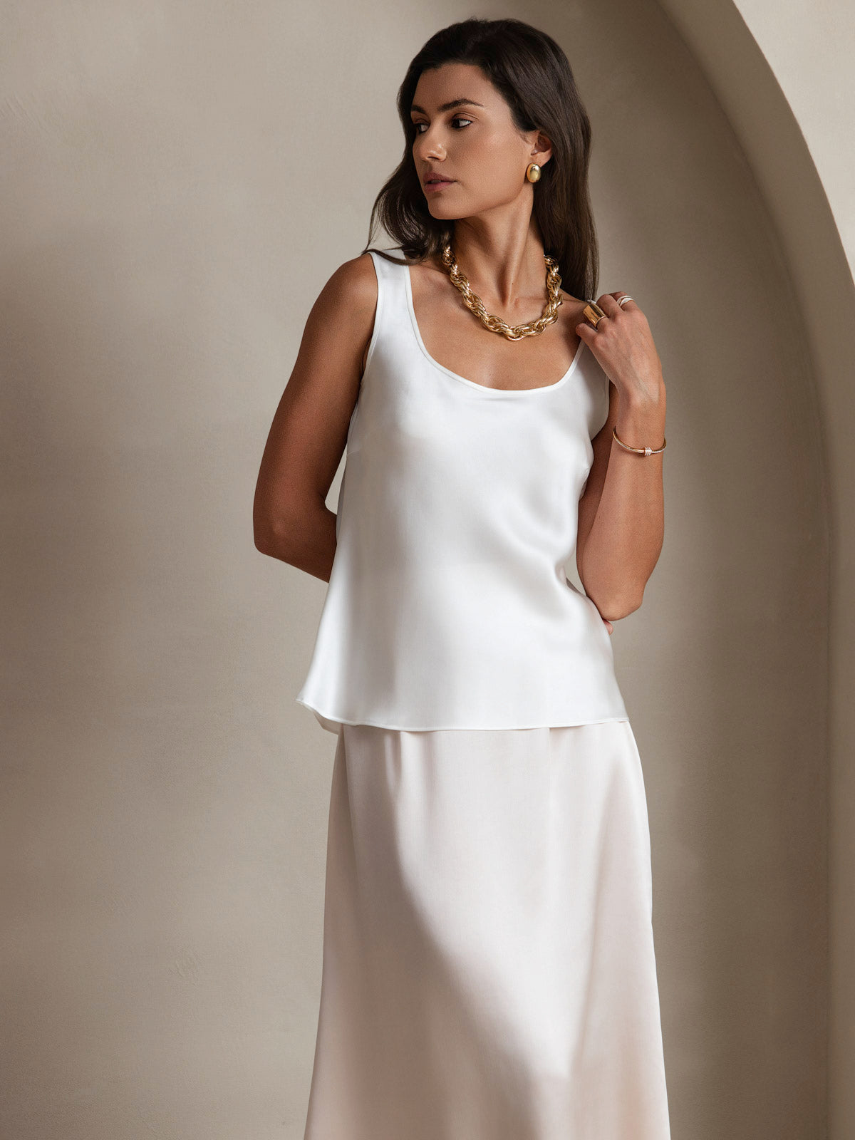 [Bianco] SilkSilky-IT 19Momme Seta Collo a U Cami 003