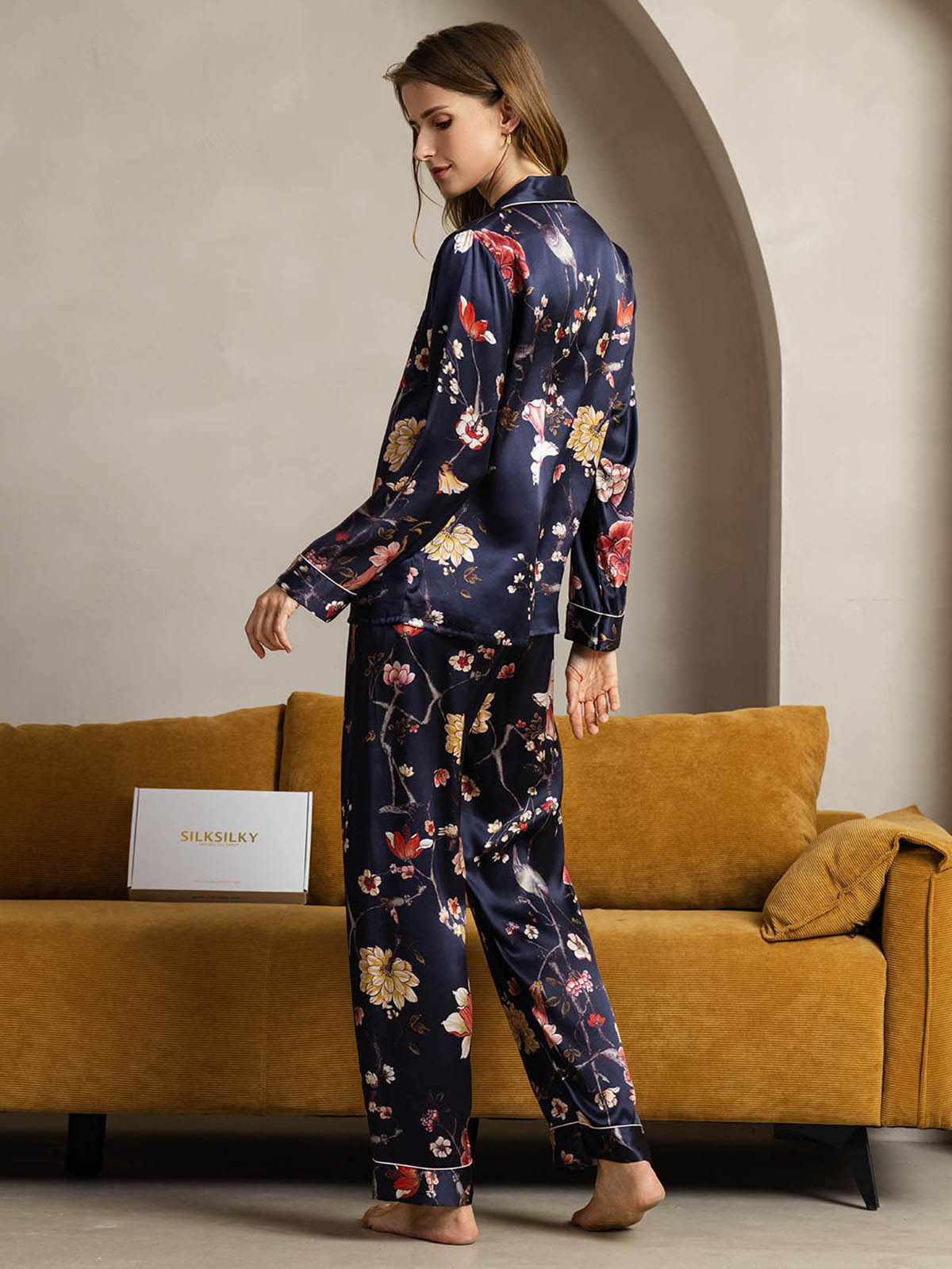 [Floreale Blu Navy] SilkSilky-IT Seta pura Womens Pajamas 002