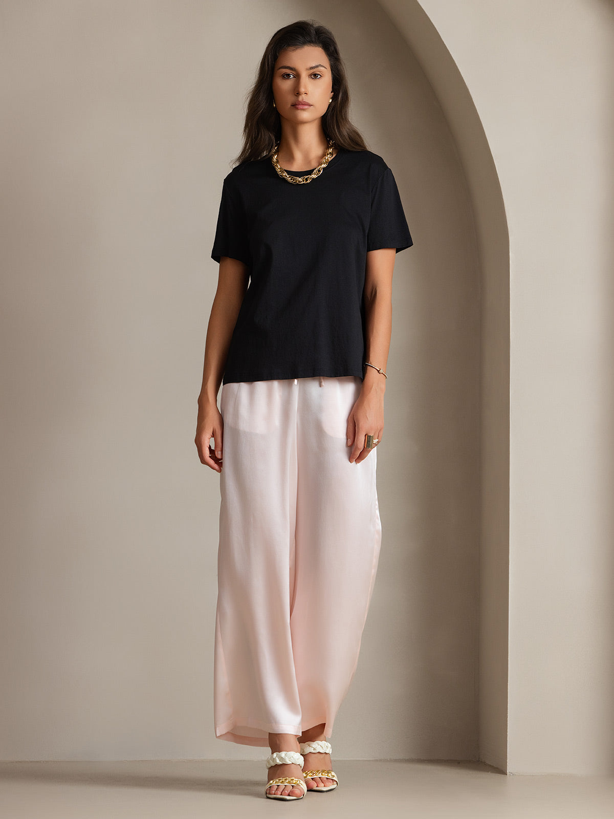 [Nero] SilkSilky-IT Maglia di seta Maniche Corte Round Neck Magliette donna 003