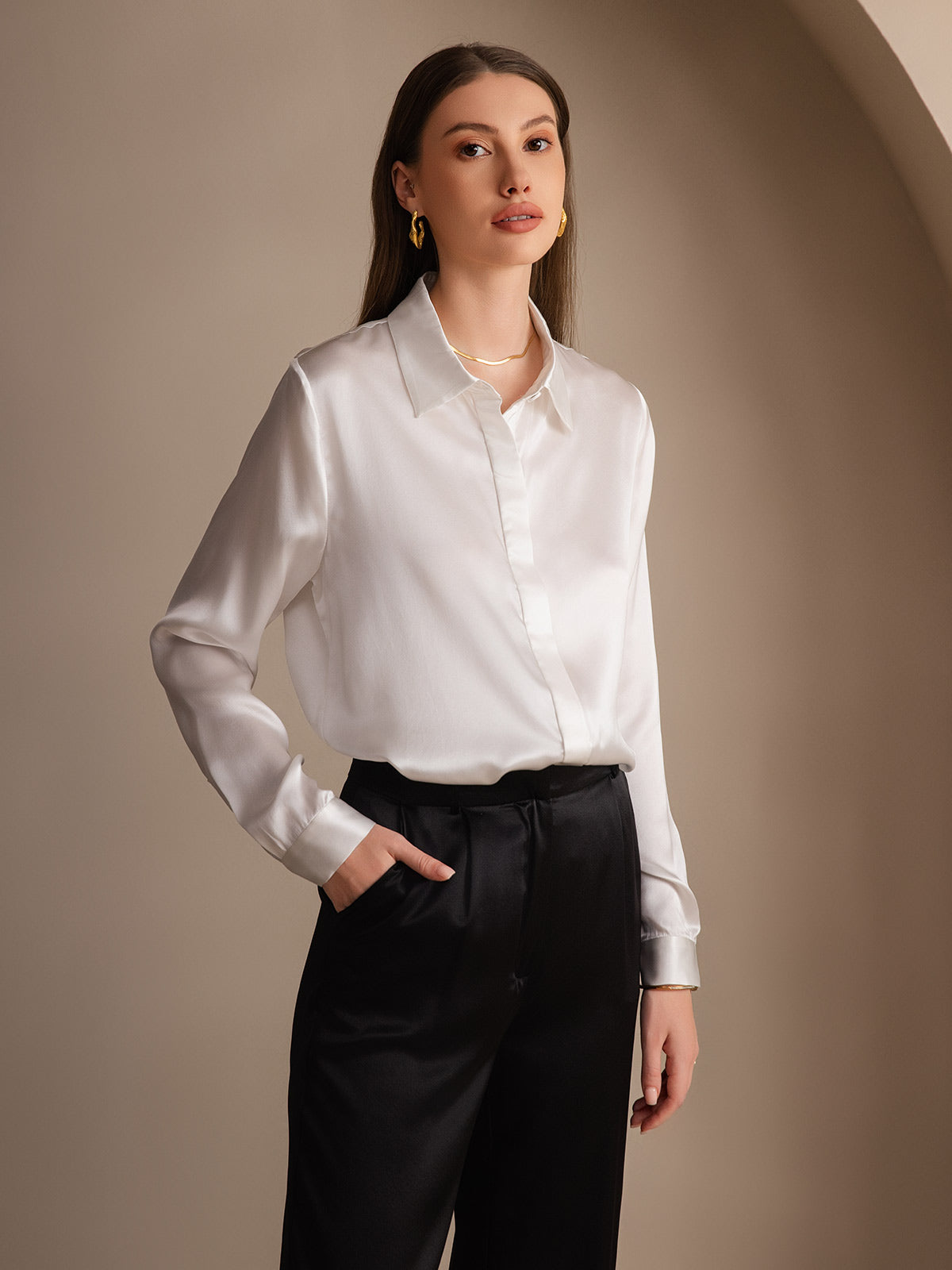 [Bianco] SilkSilky-IT 19Momme Seta Lapel Collar Camicie da donna 003