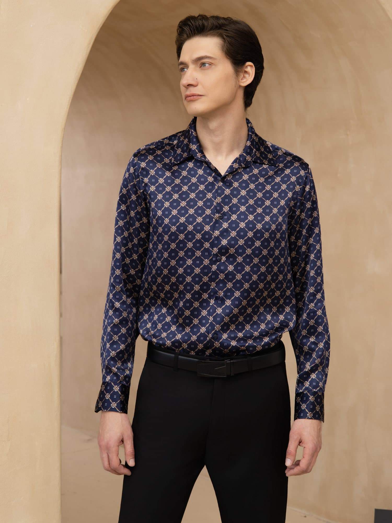 [Catena Blu Navy] SilkSilky-IT Manica lunga Colletto con Revers Camicia da uomo 003