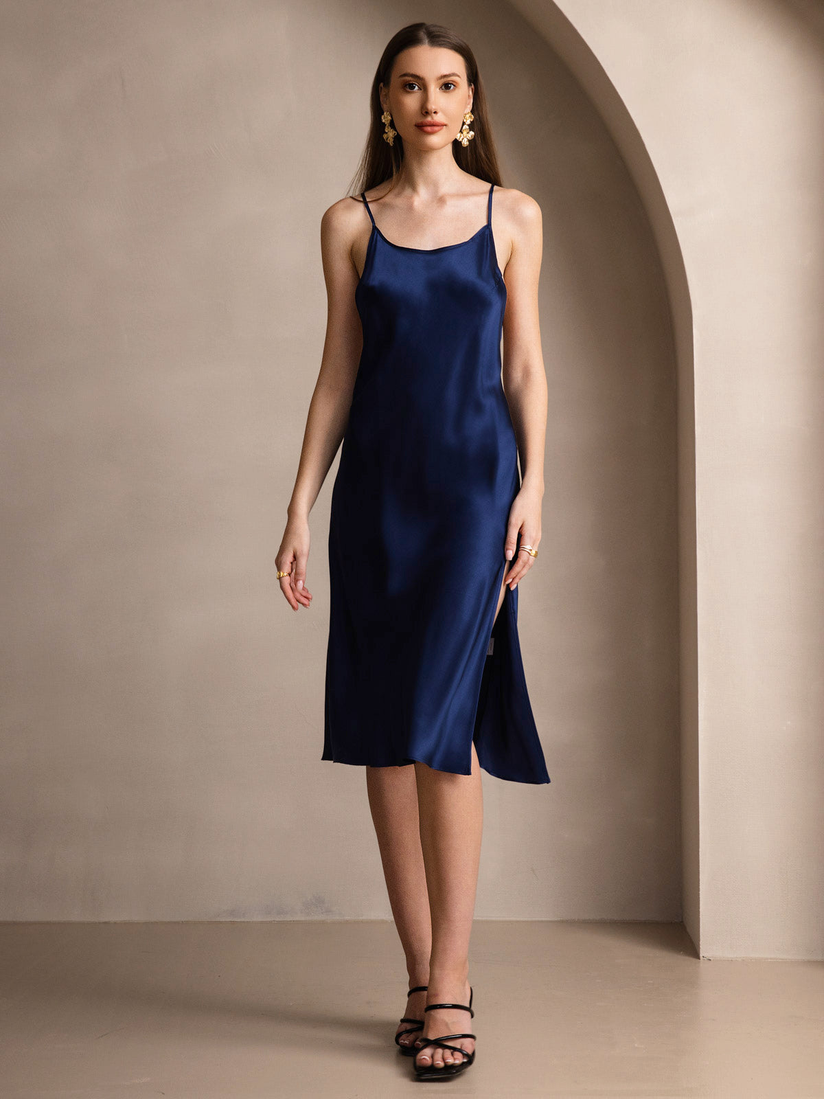 [Blu Scuro] SilkSilky-IT Seta pura Senza maniche Round Neck Vestiti da donna 003