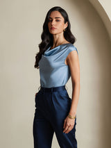 [Blu Grigiastro] SilkSilky-IT Cap Sleeve Cowl Neck Magliette donna 004