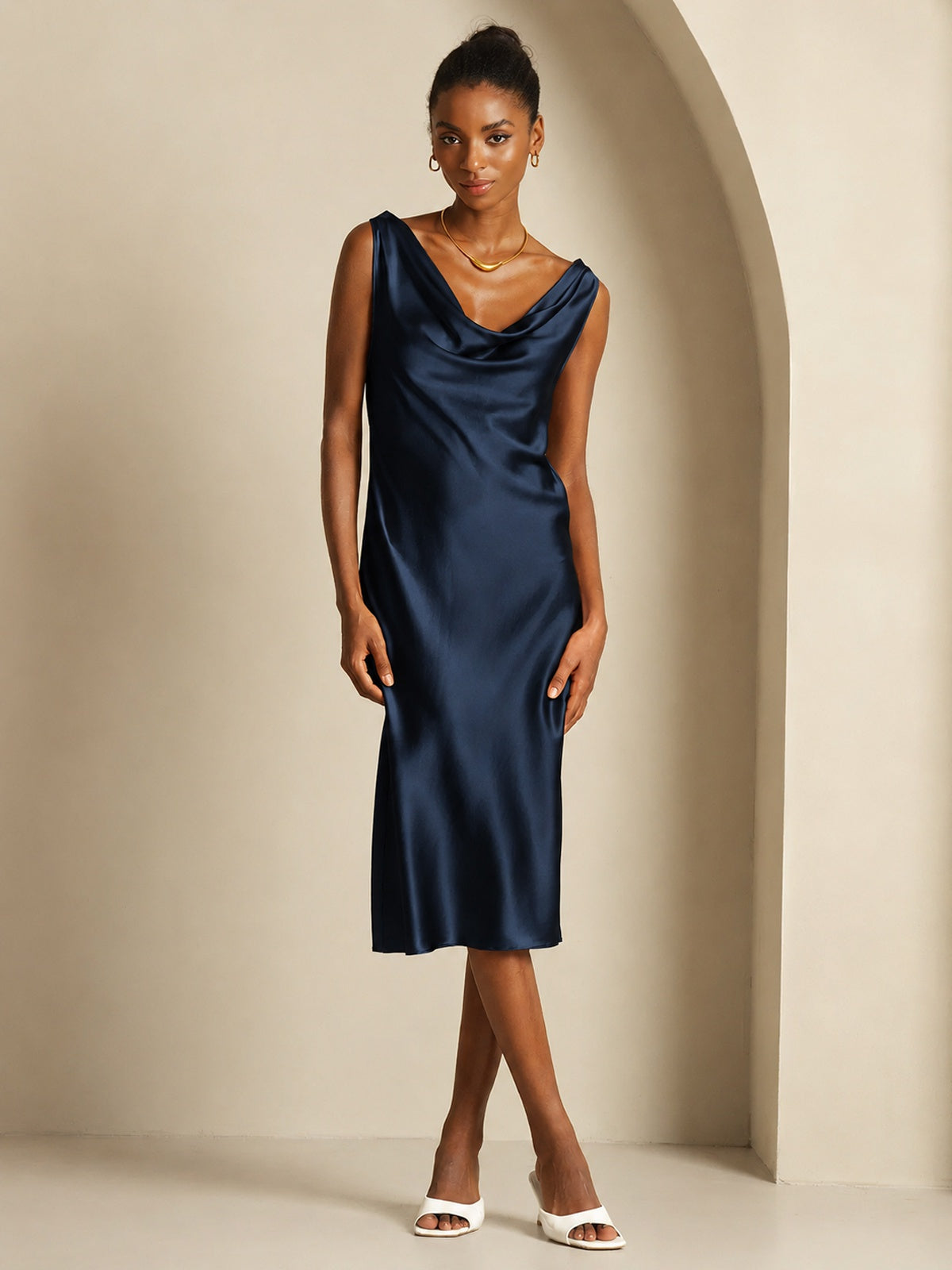 [Blu Scuro] SilkSilky-IT Sleeveless Cowl Neck Vestiti da donna 001