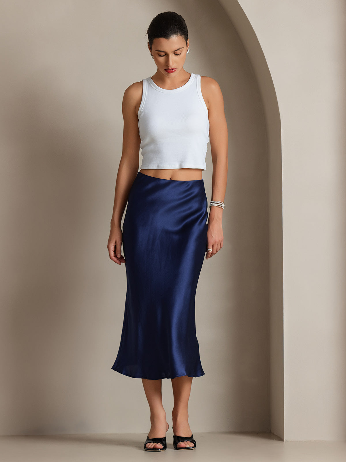 [Blu Scuro] SilkSilky-IT 19Momme Seta pura Skirt 005,