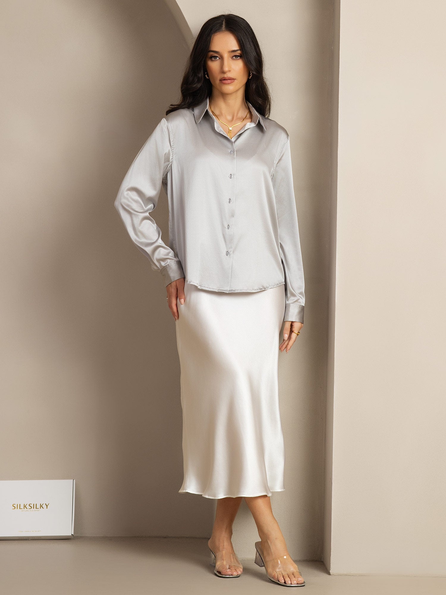 [Grigio Chiaro] SilkSilky-IT Seta Colletto risvolto Camicie da donna 004