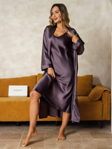 [Grigio Porpora] SilkSilky-IT Manica lunga Scollo a V Set camicia e vestaglia 009