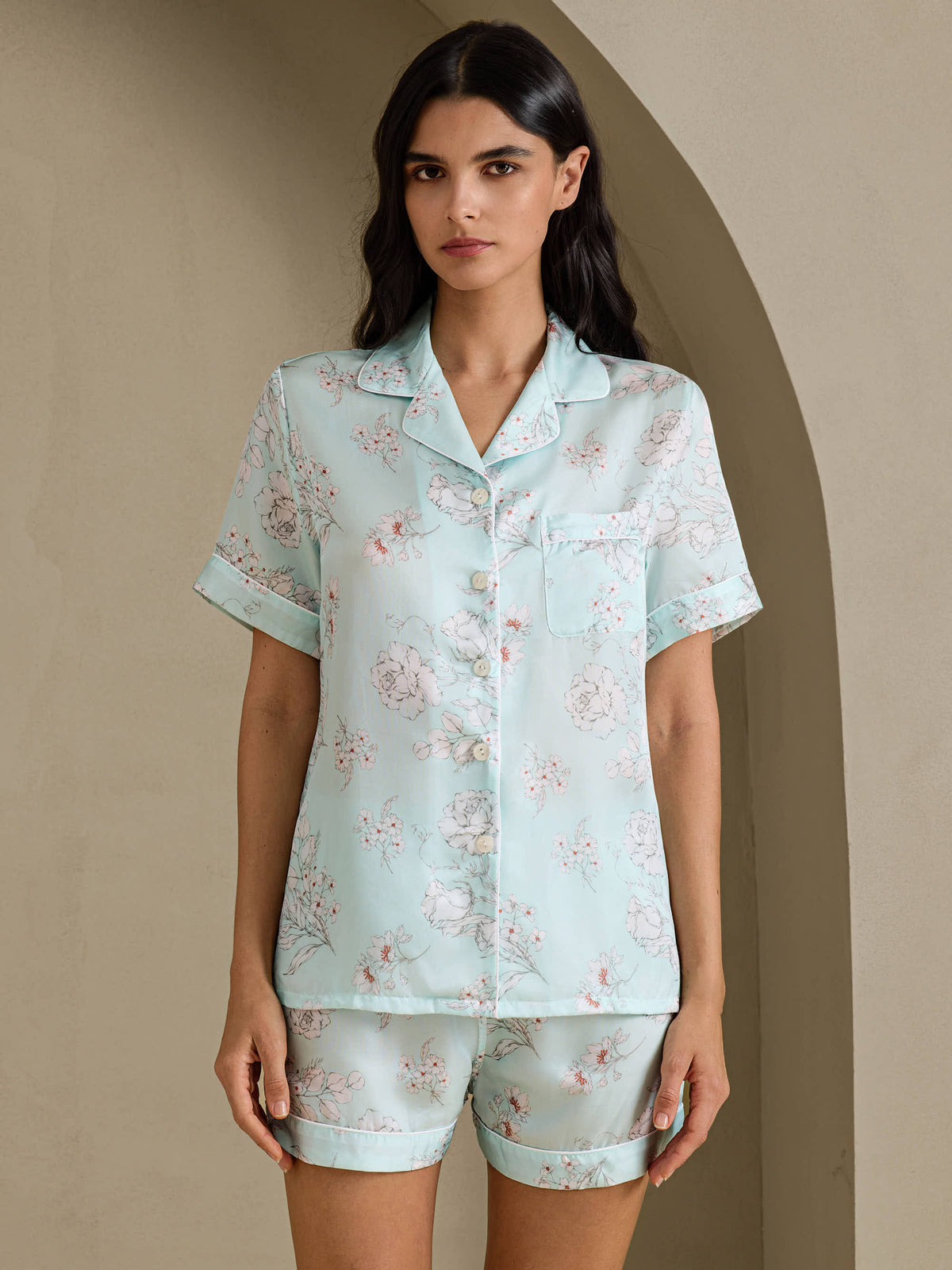 [Fiori Cielo] SilkSilky-IT Short Sleeve Notch Collar Pigiami da donna 001