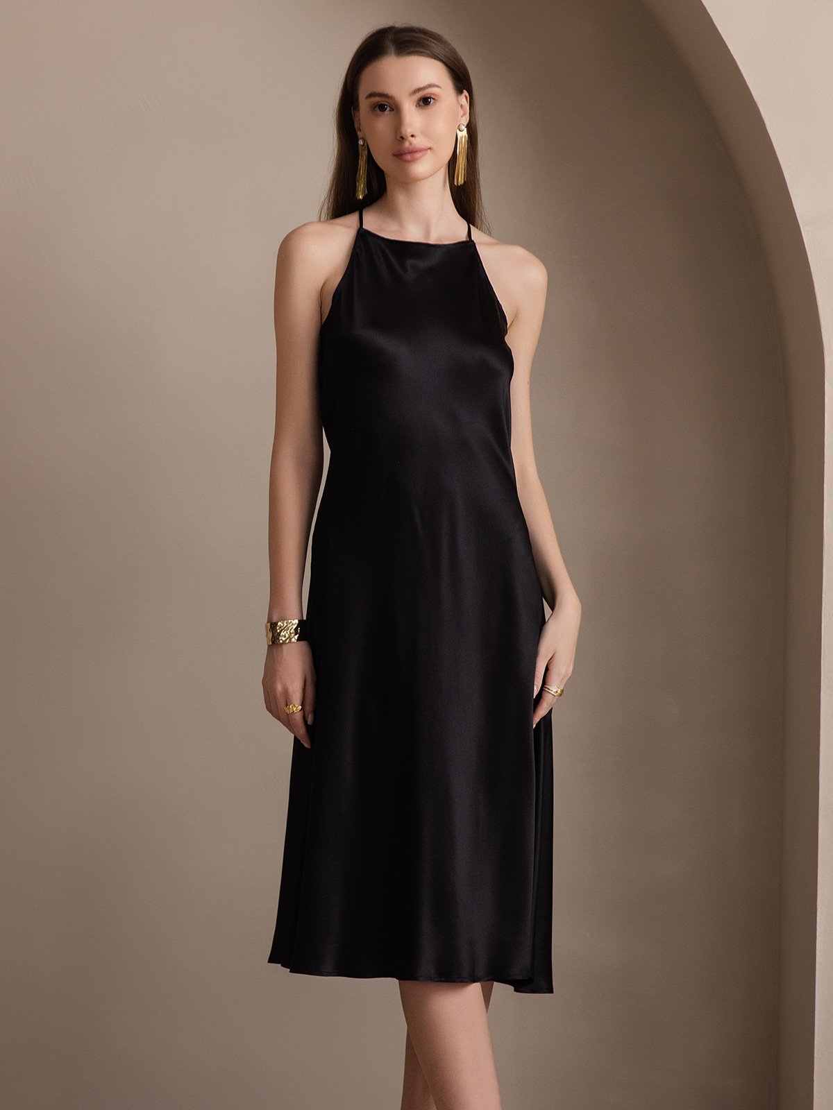 SilkSilky IT 19Momme Seta Senza maniche Dress Nero 003