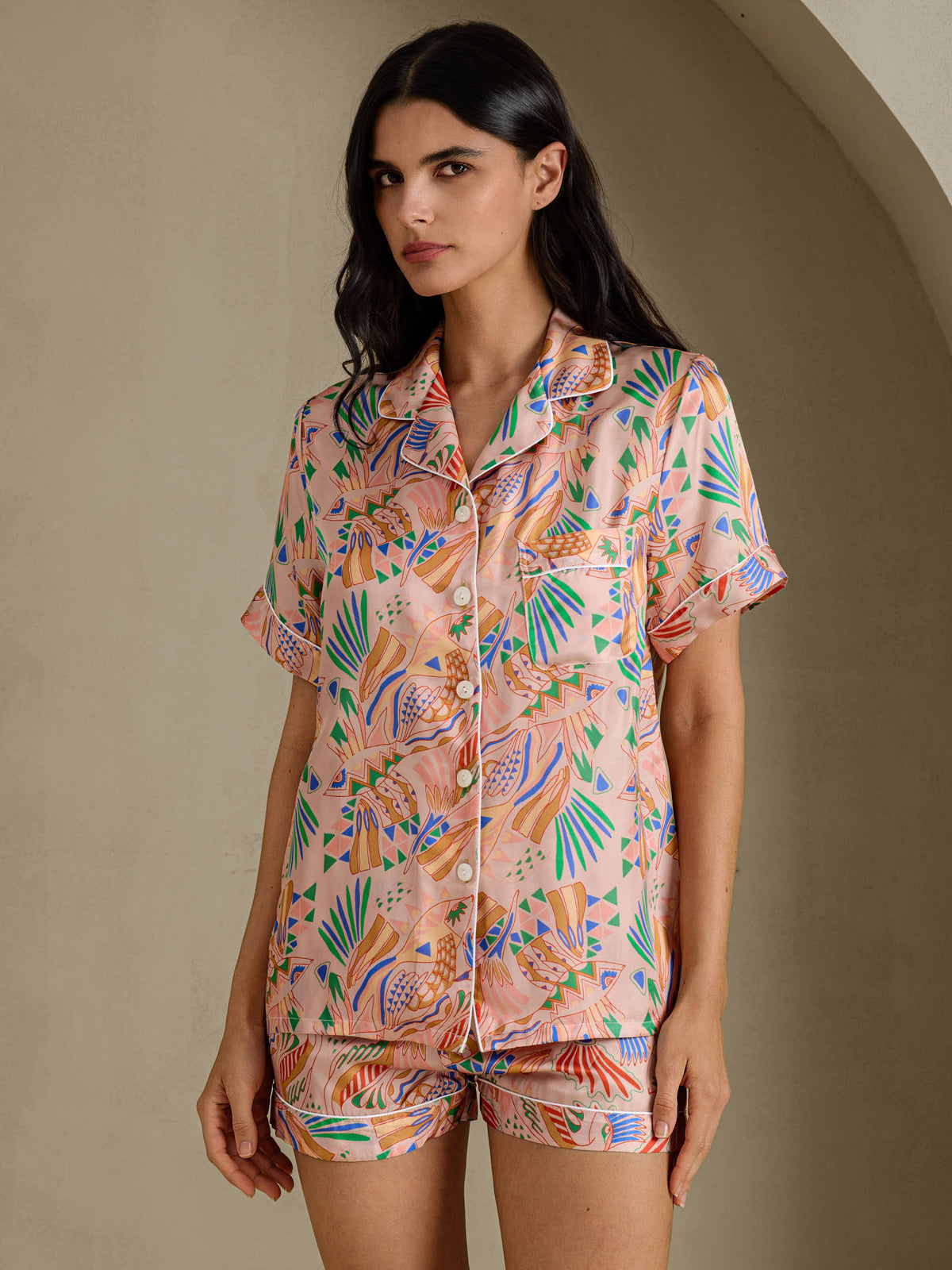 [Fauna Rosa] SilkSilky-IT Short Sleeve Notch Collar Pigiami da donna 001