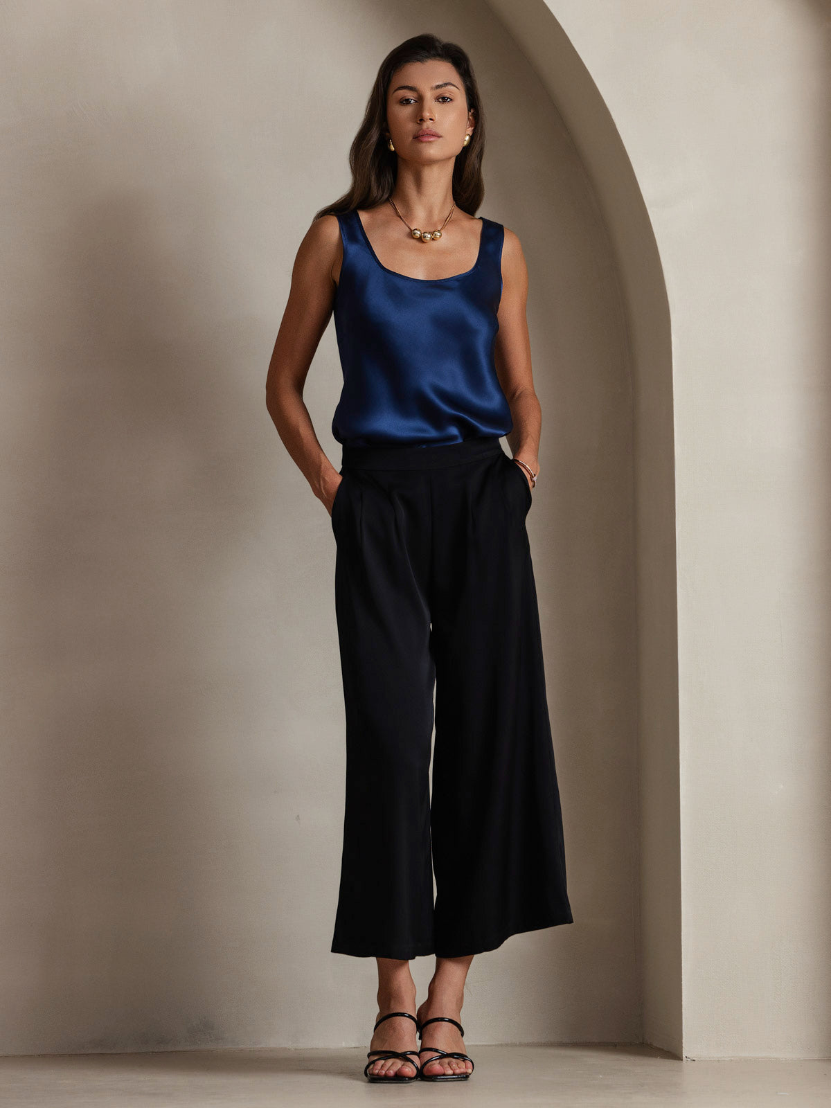 [Blu Scuro] SilkSilky-IT 19Momme Seta Collo a U Cami 008