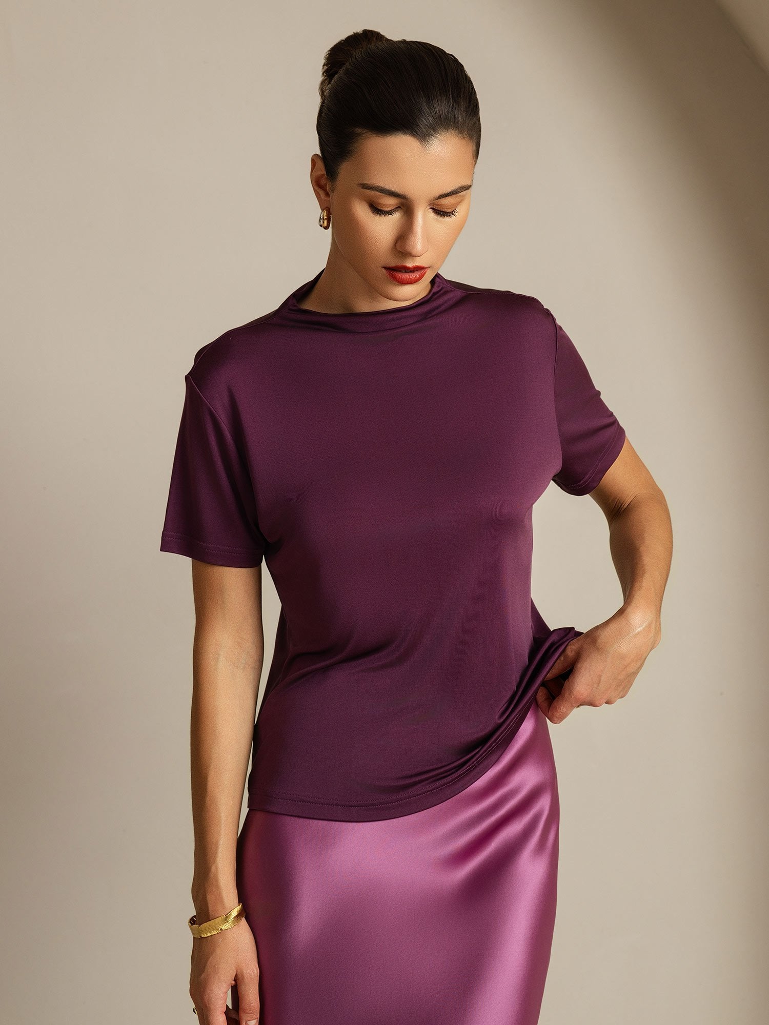 [Viola] SilkSilky-IT Seta pura Colletto risvolto Magliette donna 006