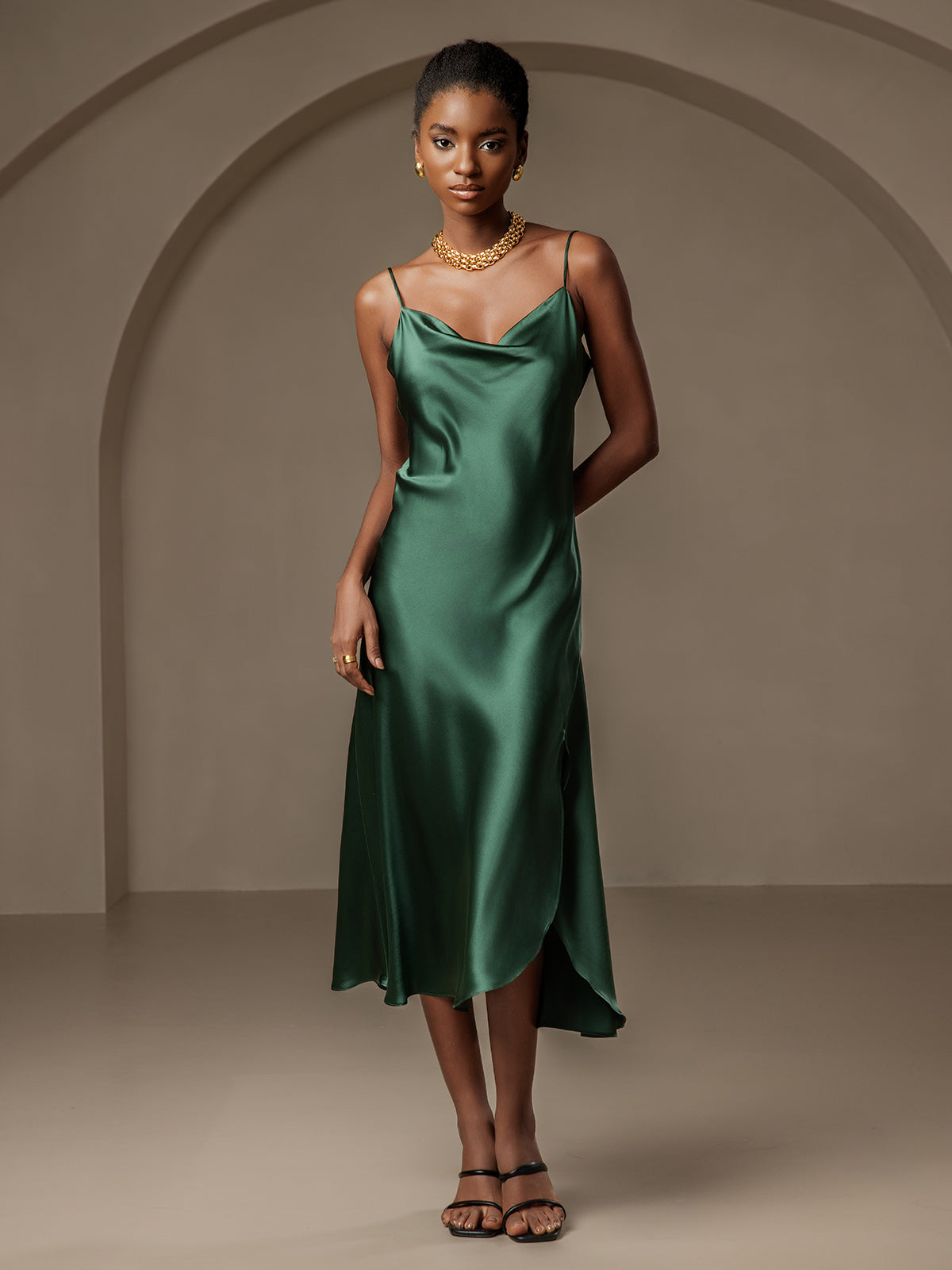 [Verde Scuro] SilkSilky-IT 19Momme Seta pura Collo drappeggiato Vestiti da donna 001
