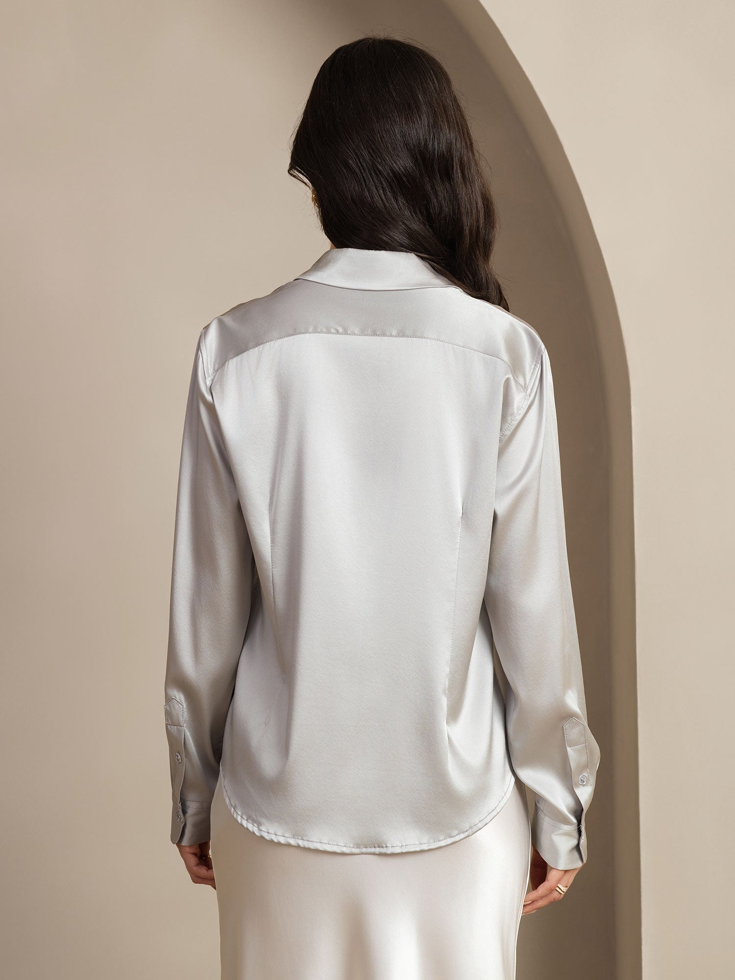 [Grigio Chiaro] SilkSilky-IT Seta Manica lunga Colletto risvolto Camicie da donna 002