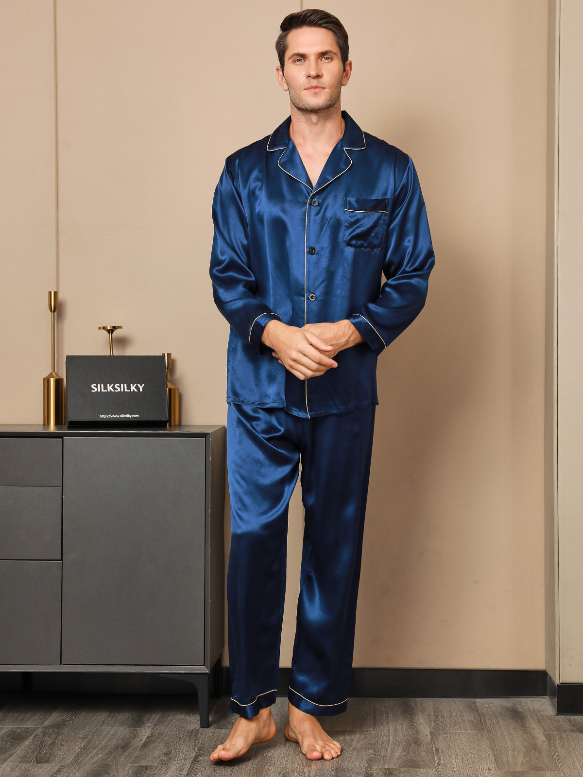 [Blu Scuro] SilkSilky-IT 19Momme Seta pura Mens Pajamas 004