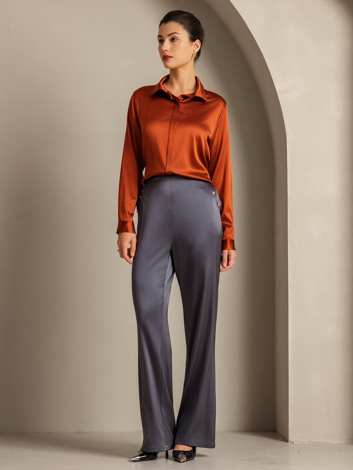 [Caramello] SilkSilky-IT 19Momme Seta Manica lunga Colletto risvolto Camicie da donna 009