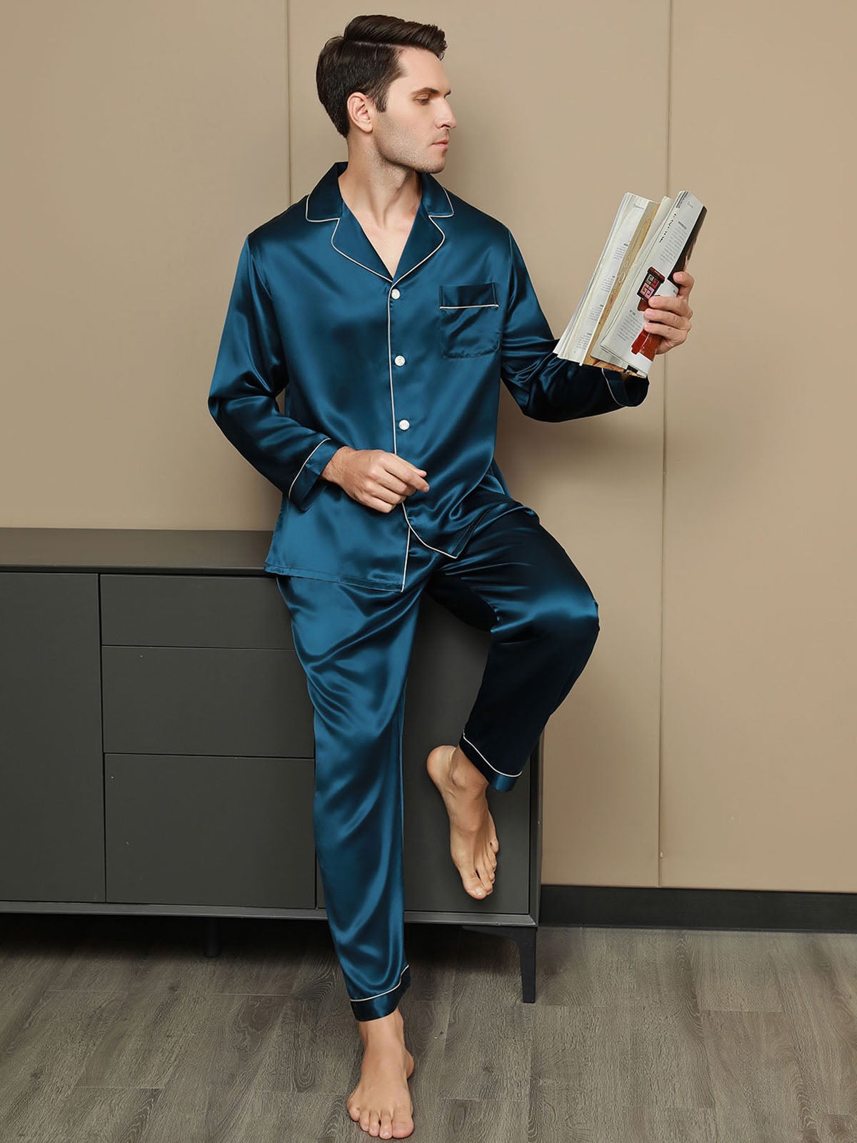 [Verde Acqua] SilkSilky-IT 19Momme Seta pura Mens Pajamas 003