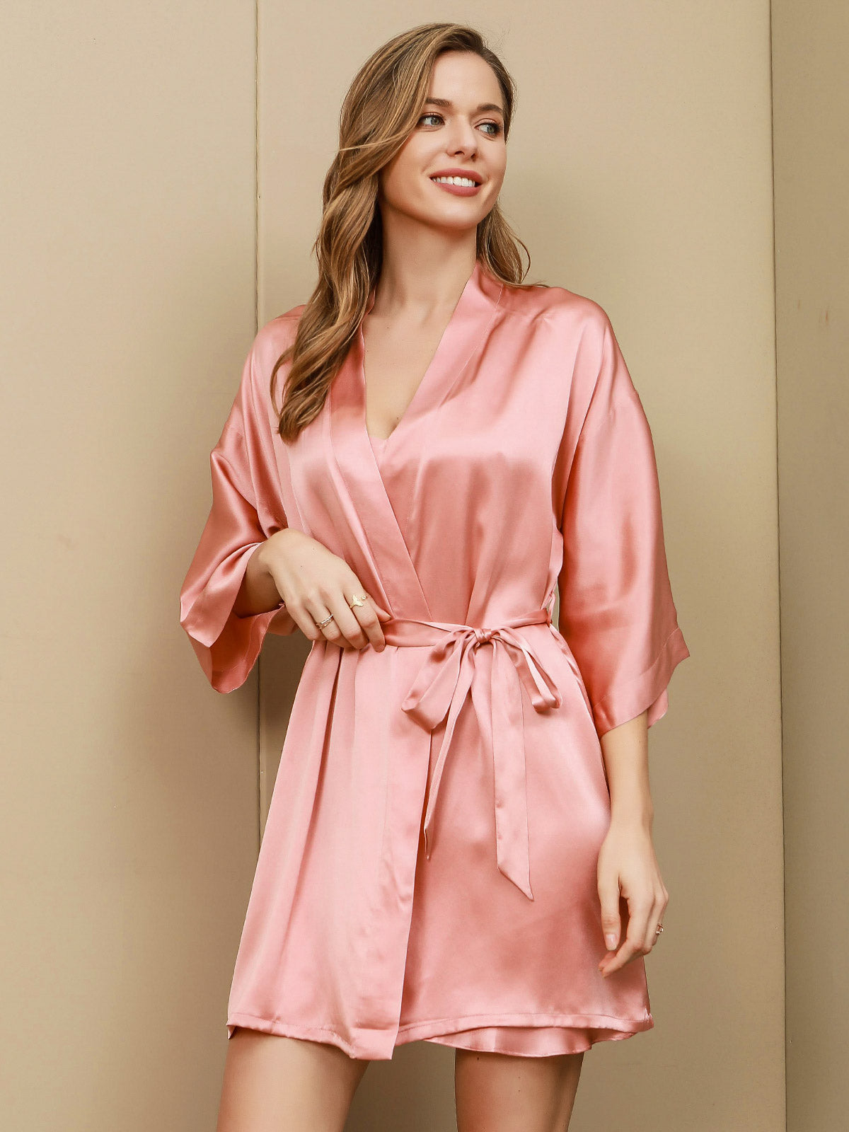 SilkSilky IT Seta pura A tre quarti Nightgown&Robe Set Rosa 003