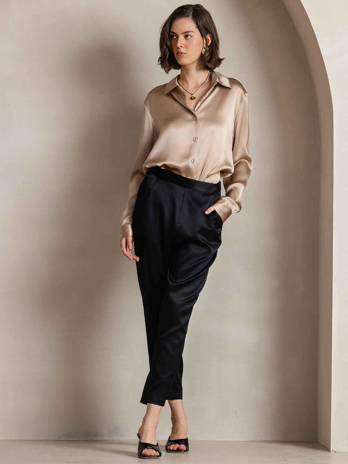 [Champagne] SilkSilky-IT Seta Colletto risvolto Camicie da donna 007