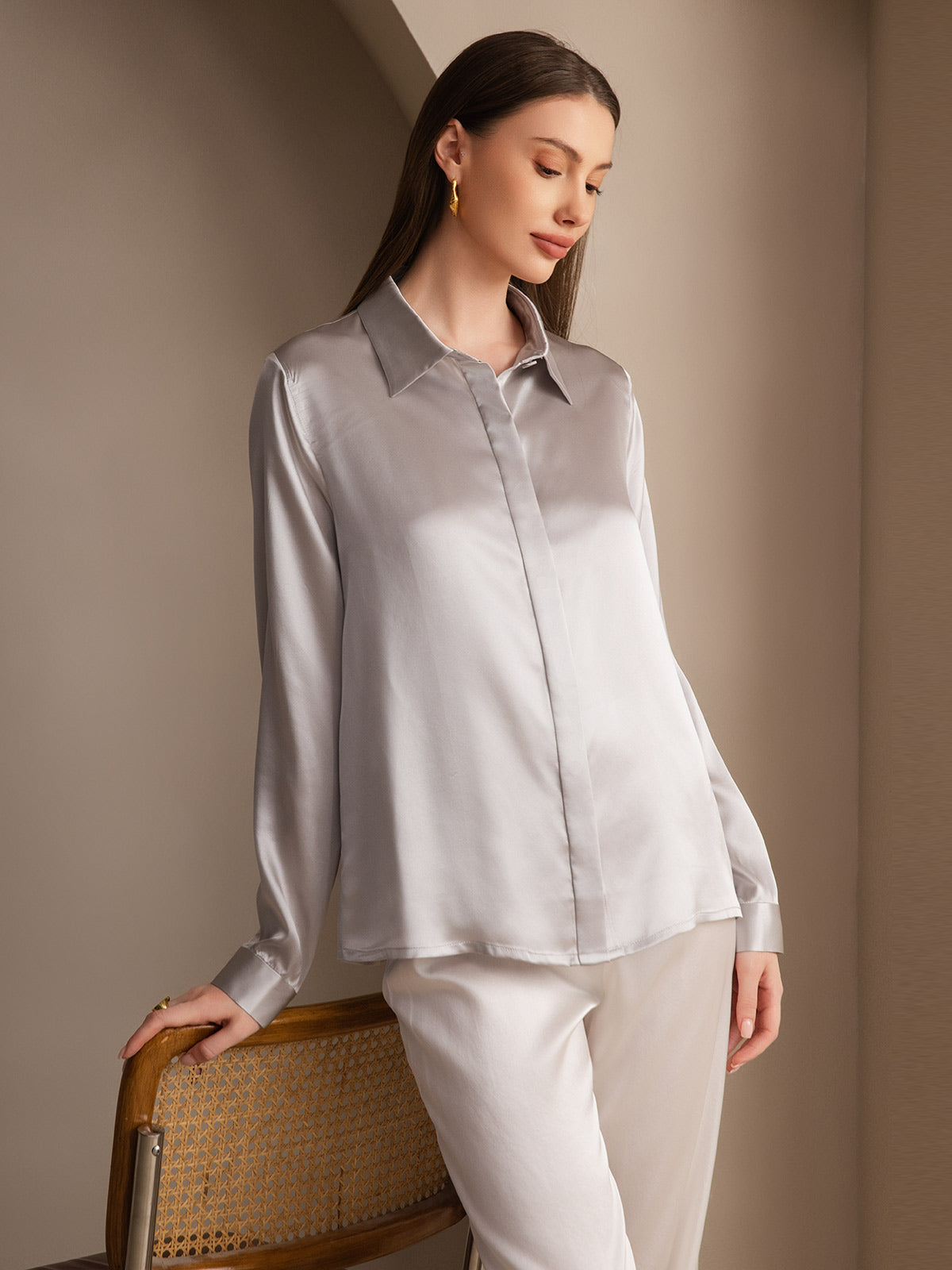 [Grigio Chiaro] SilkSilky-IT 19Momme Seta Lapel Collar Camicie da donna 007