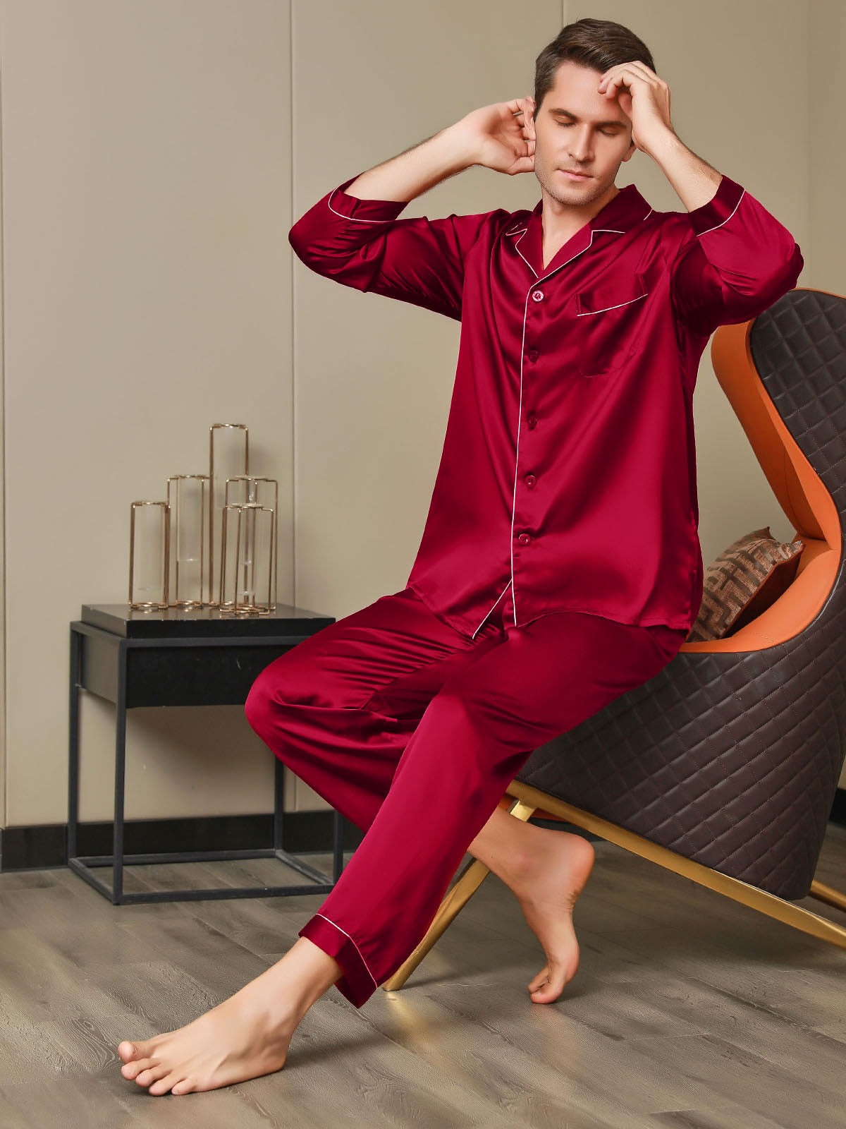 [Rosso] SilkSilky-IT 19Momme Seta pura Mens Pajamas 005