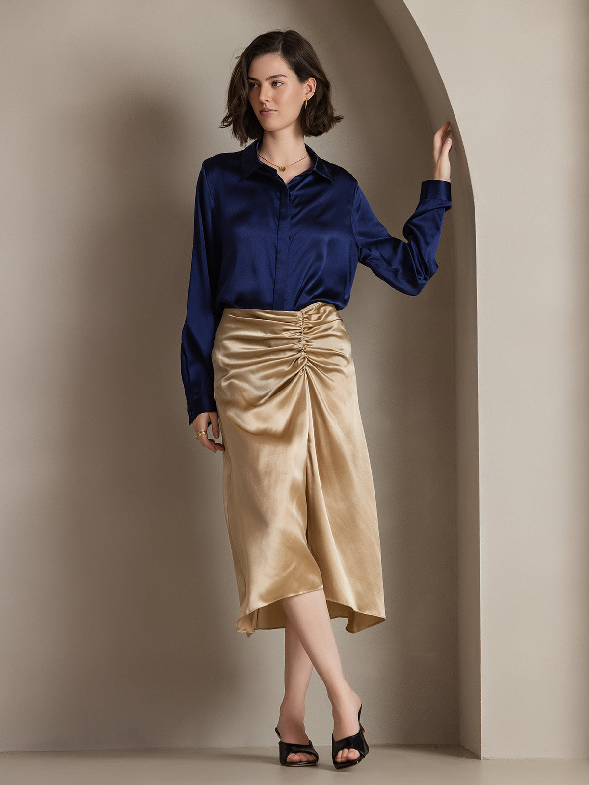 [Blu Scuro] SilkSilky-IT 19Momme Seta Lapel Collar Camicie da donna 001