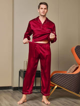 [Rosso] SilkSilky-IT Long Sleeve Lapel Collar Pigiami da uomo 007