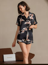 [Nero] SilkSilky-IT Short Sleeve Lapel Collar Pigiami da donna 001