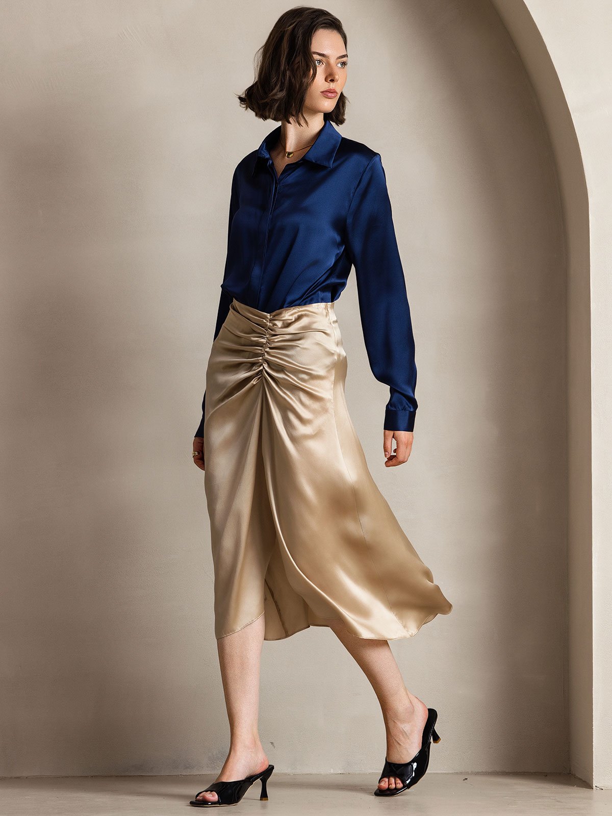 [Blu Scuro] SilkSilky-IT 19Momme Seta Manica lunga Colletto risvolto Camicie da donna 006