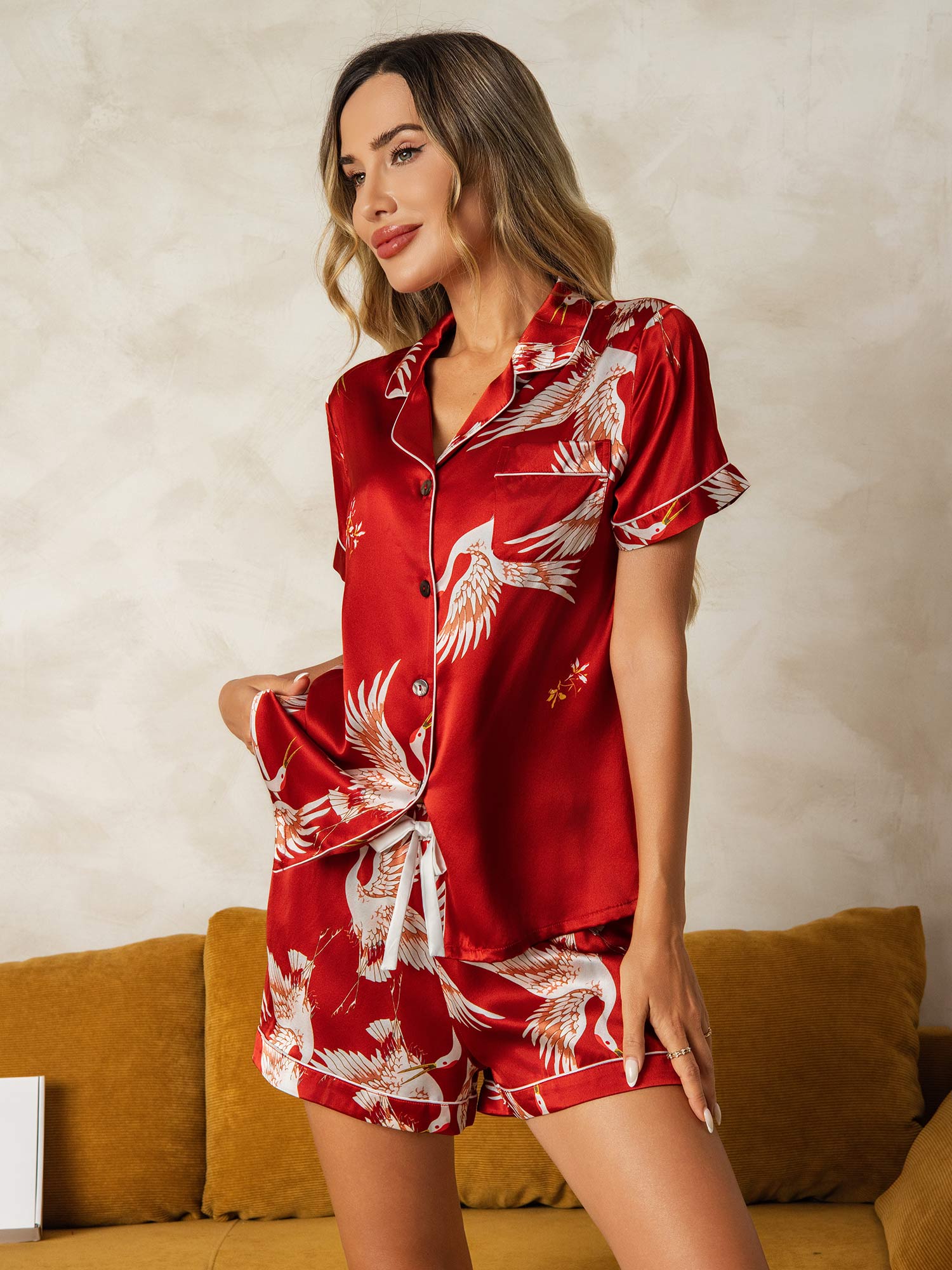[Rosso Scuro] SilkSilky-IT 19Momme Maniche Corte Collo a Taglio Pigiami da donna 007