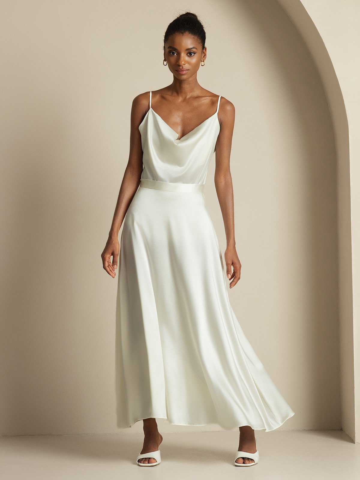 [Bianco] SilkSilky-IT 19Momme Seta Collo drappeggiato Women''s Outfit Sets 001,