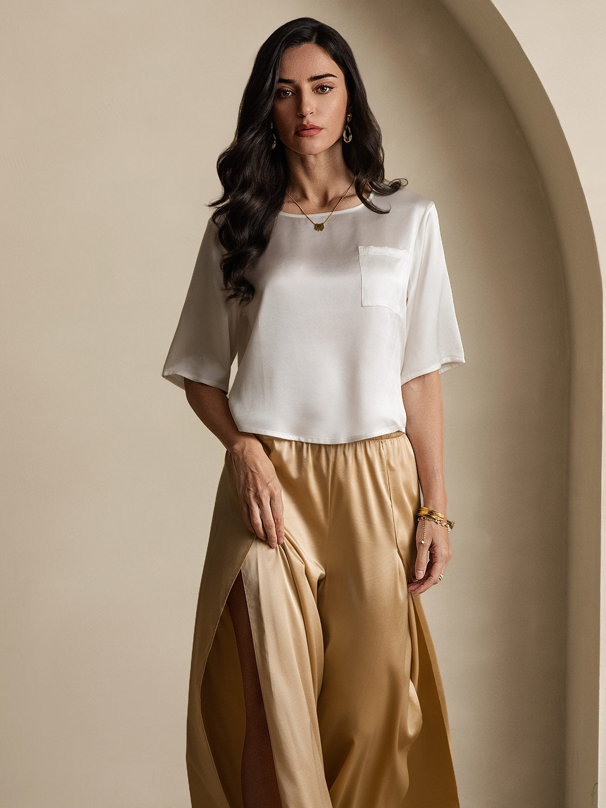[Bianco] SilkSilky-IT Seta pura Womens T-Shirt 007