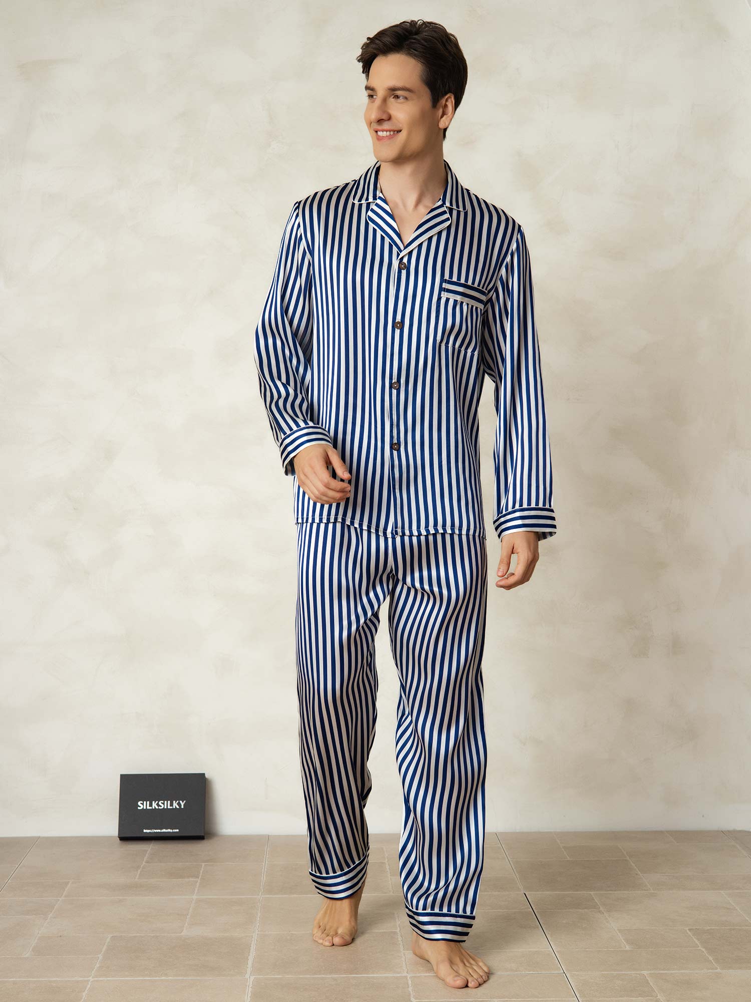 [Righe Navy] SilkSilky-IT 19Momme Seta pura Mens Pajamas 001
