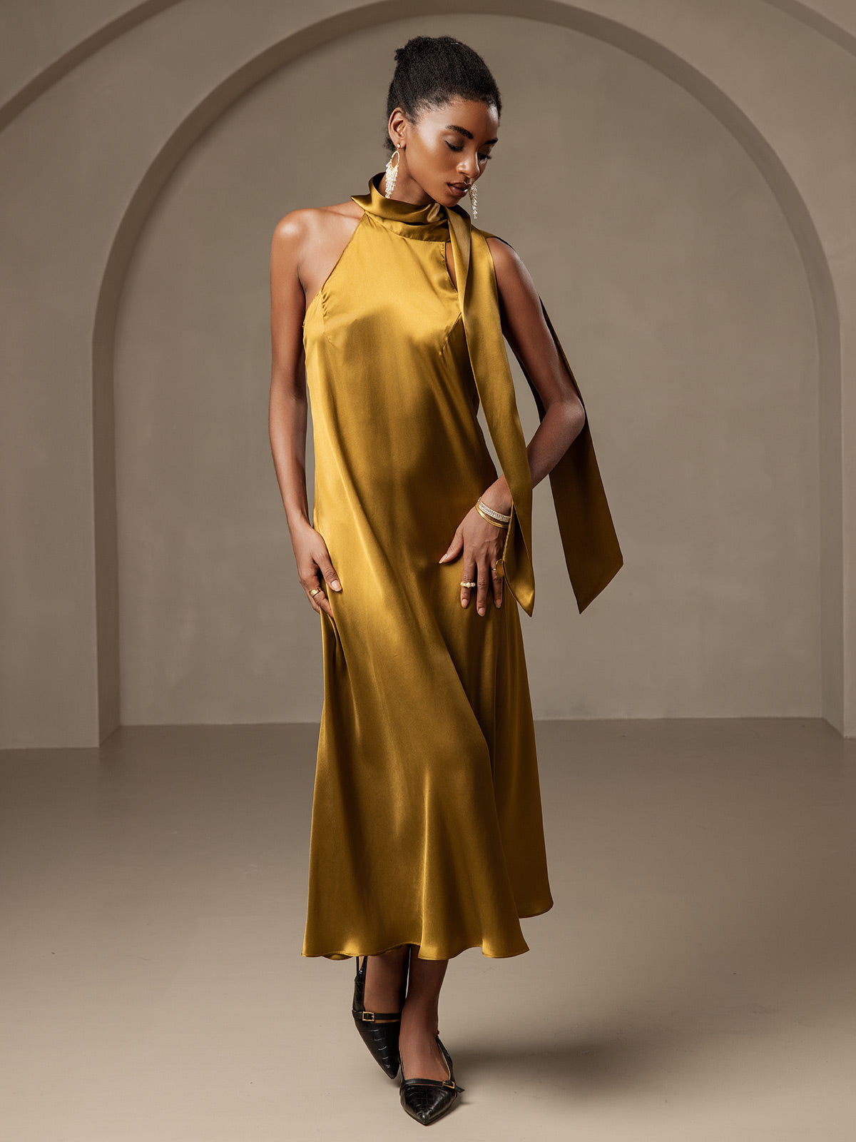 [Marrone] SilkSilky-IT 19Momme Seta Senza maniche Dress 001